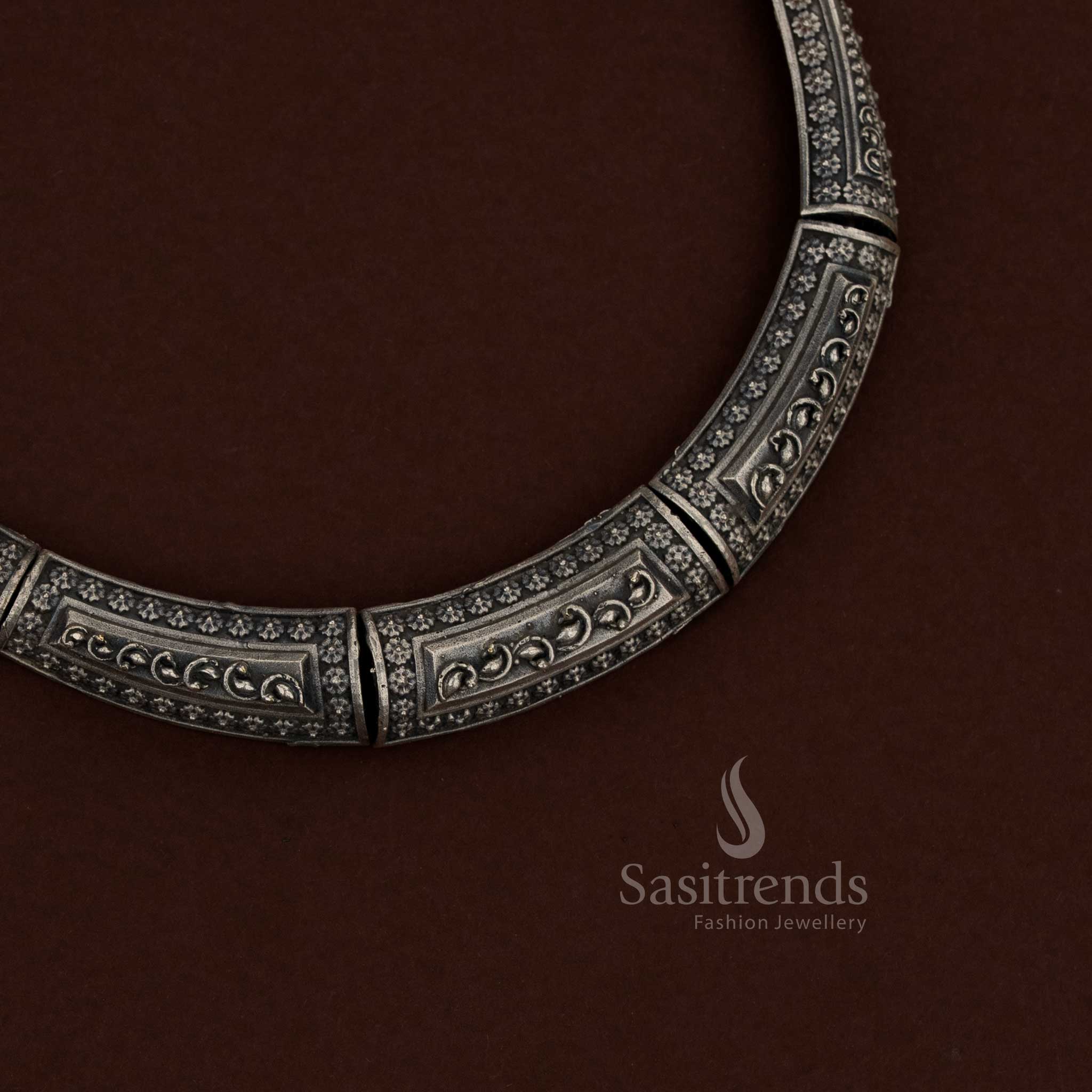 Stunning 92.5 Silver Oxidised Plated Floral Tribal Husli Necklace Jewellery Set ethnic festive wear Sasitrends