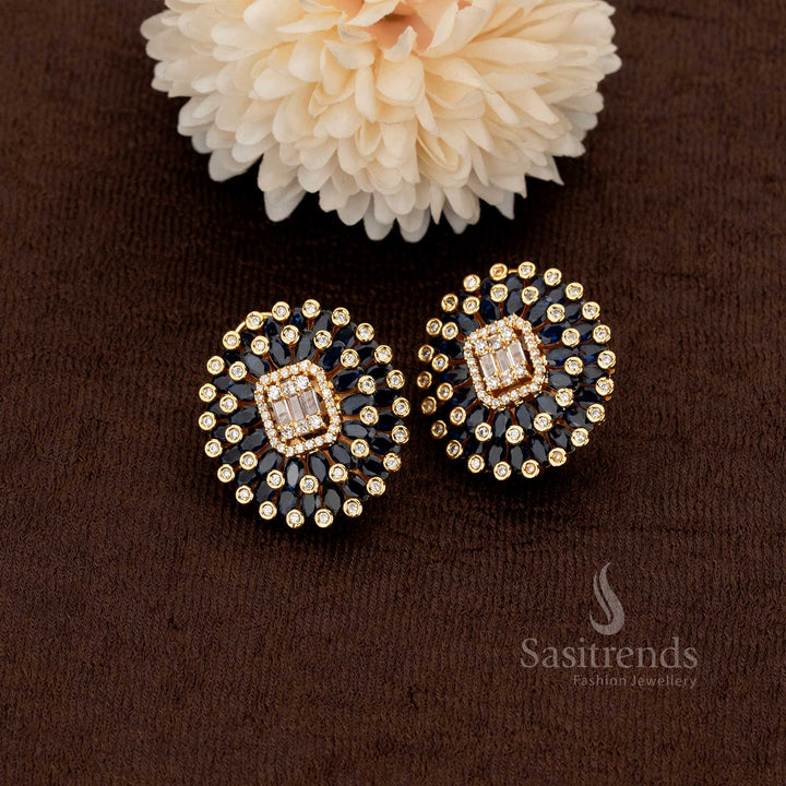 Blue gemstone floral studs with graceful gold plating and finely set American diamonds bringing a refreshing charm to evening wear – Sasitrends