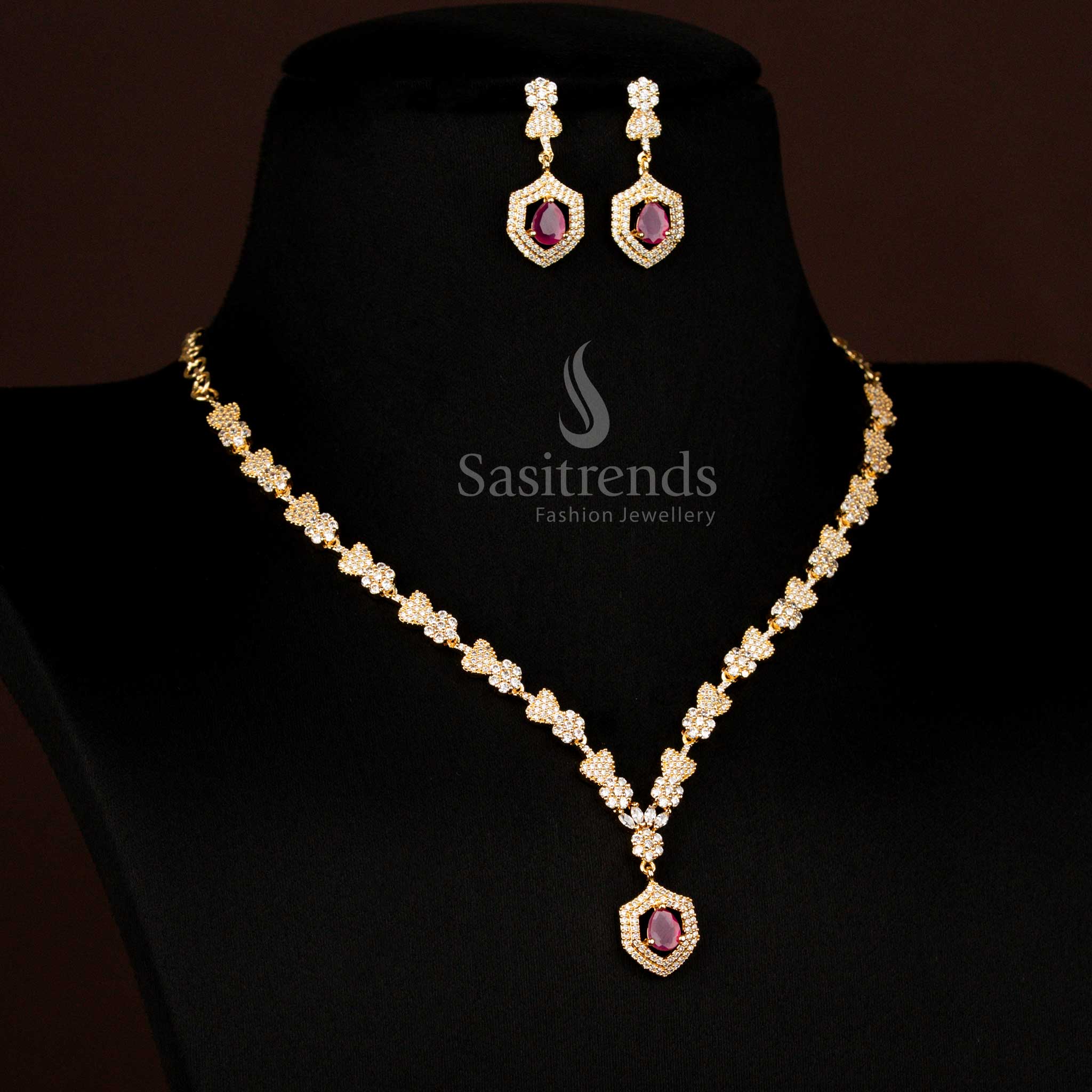Alluring American Diamond gold plated heart and floral ruby necklace with teardrop stone pendant for grand occasion appearances – Sasitrends