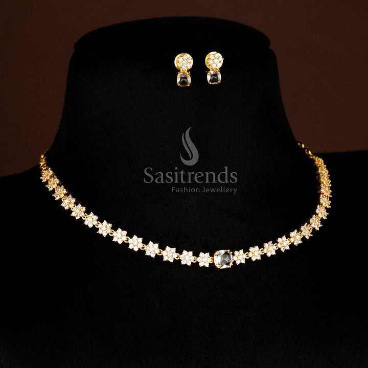 Dazzling American diamond matte gold plated floral necklace jewellery set crafted in white stones for weddings and festive wear - Sasitrends