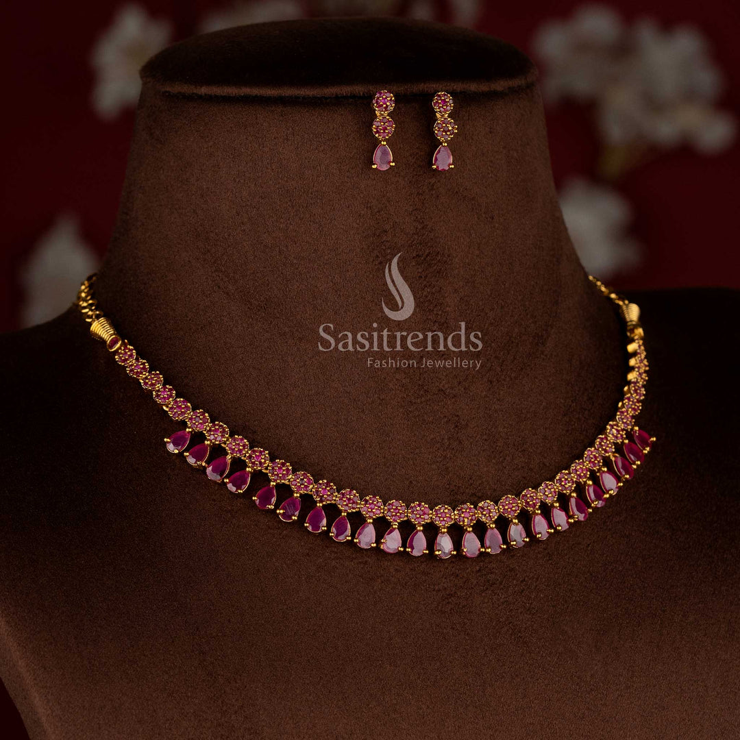 Elegant American diamond matte gold plated ruby floral teardrop necklace set with earrings for festive occasions and party wear – Sasitrends