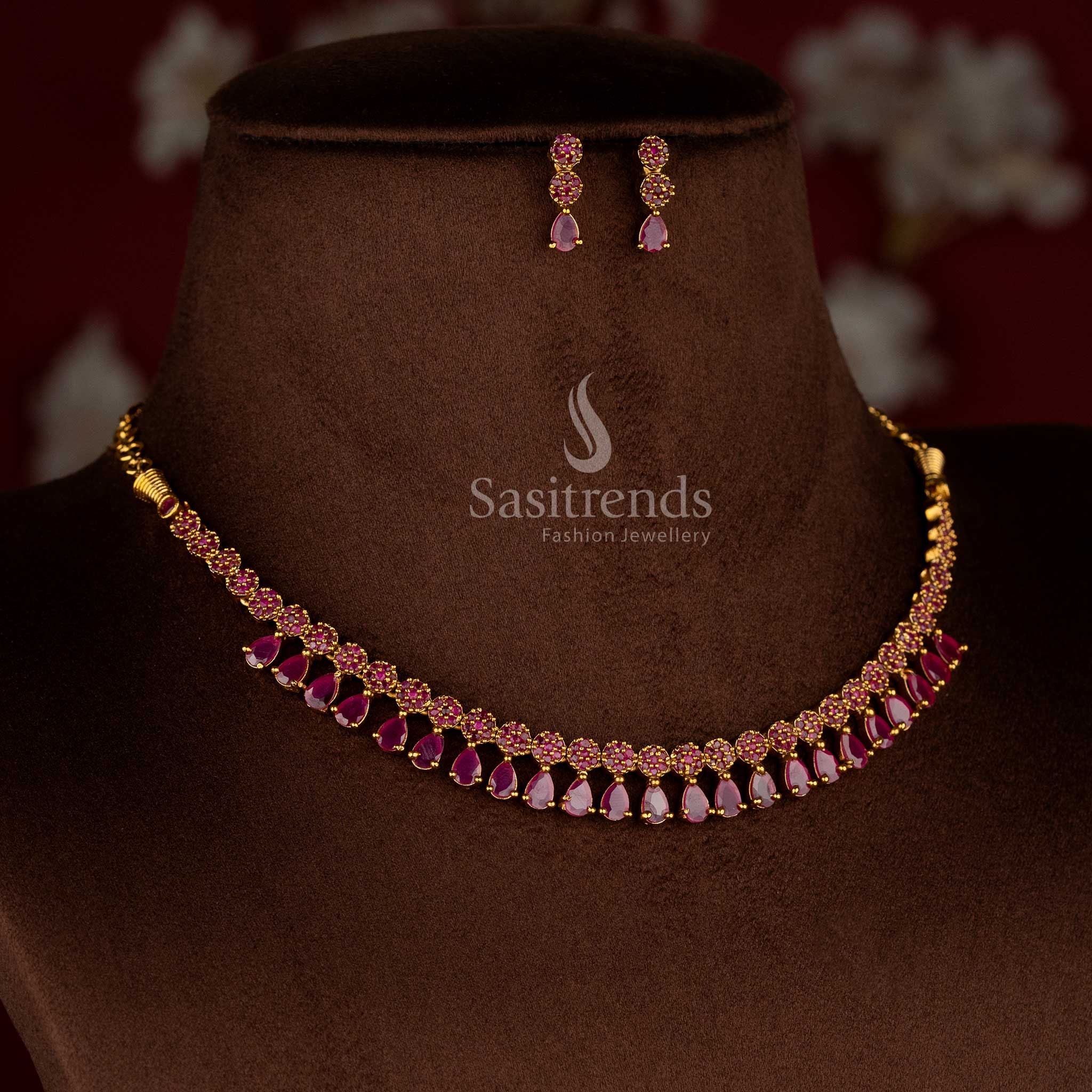 Elegant American diamond matte gold plated ruby floral teardrop necklace set with earrings for festive occasions and party wear – Sasitrends