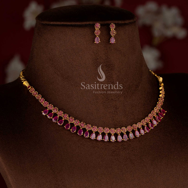 Stunning American Diamond Matte Gold Plated Floral Teardrop Necklace Set for Silk Sarees, Festive Occasions