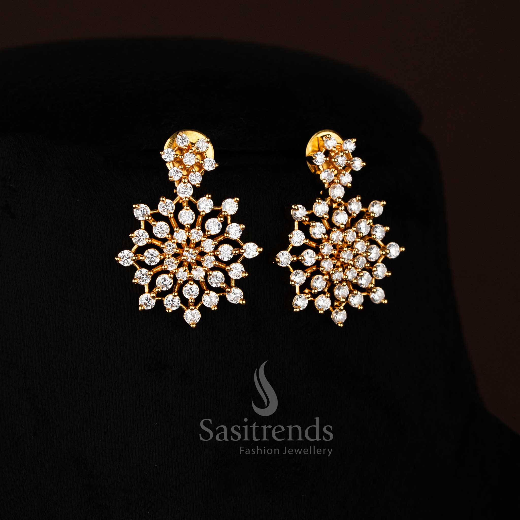 Radiant white American Diamond floral stud earrings featuring intricate sparkle ideal for bridal attire and festive Jewellery - Sasitrends