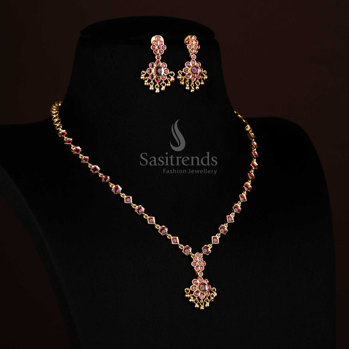 Radiant ruby American Diamond floral necklace with rich stone lustre and decorative golden beads ideal for bridal charm and festive Jewellery - Sasitrends