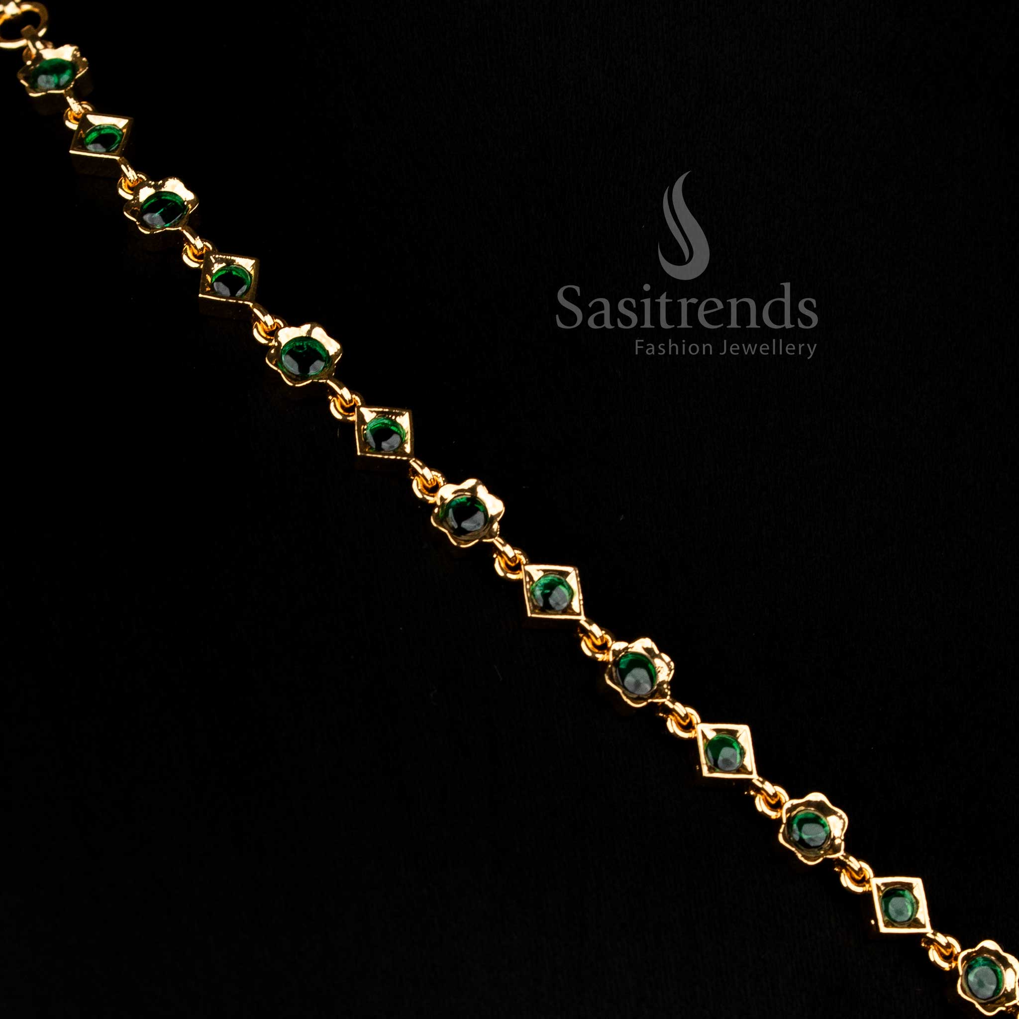 Lush green American Diamond floral necklace adorned with vibrant stones and golden beads ideal for bridal and festive Jewellery - Sasitrends