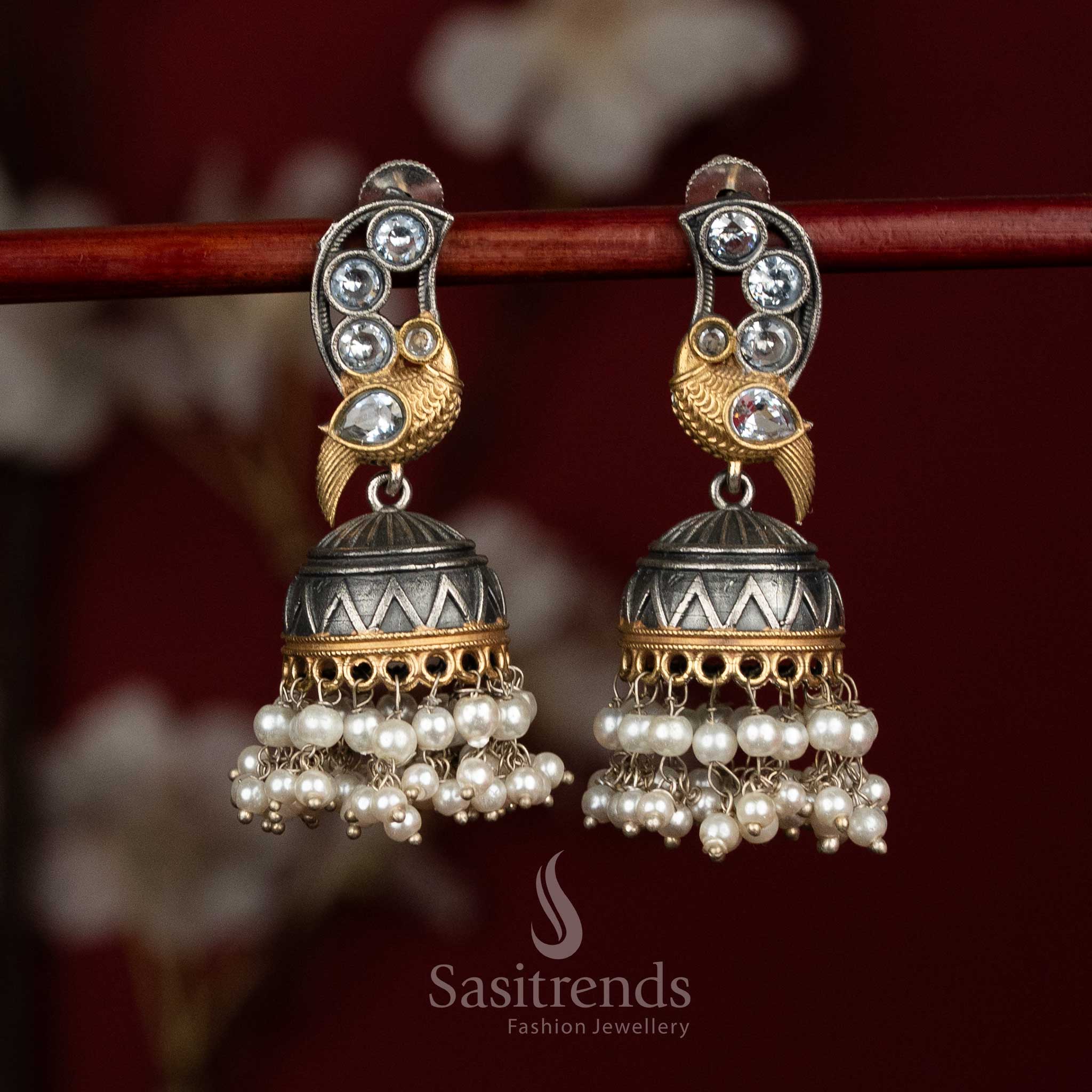 Graceful heritage oxidised white silver dual tone peacock Monalisa jhumkas with pearl drop earrings for party - ethnic jewellery - Sasitrends