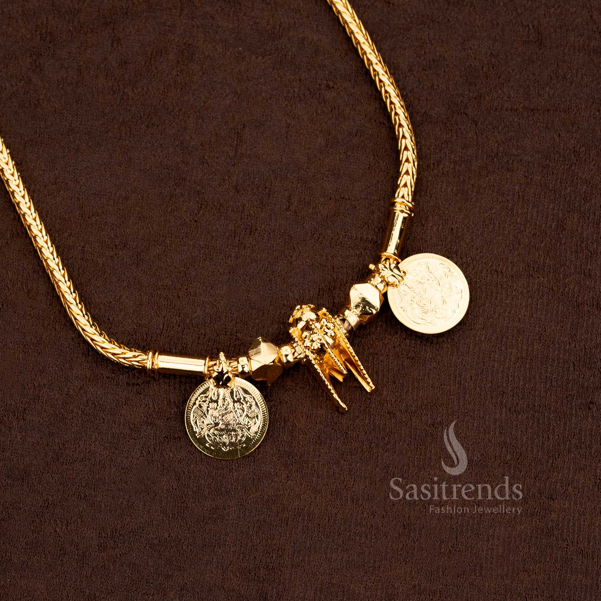 Back View - Sacred Micro Gold Plated Namam Thali Chain crafted with intricate gold detailing and spiritual grace for divine wedding wear – Sasitrends