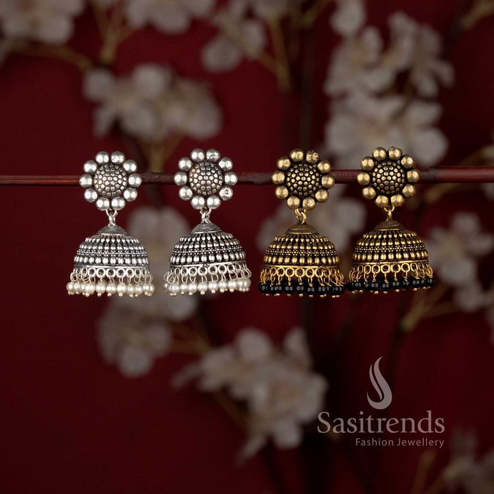 Elegant Oxidised Silver Jhumkas with Pearl Beading and Antique Gold Jhumkas with Black Beads Set