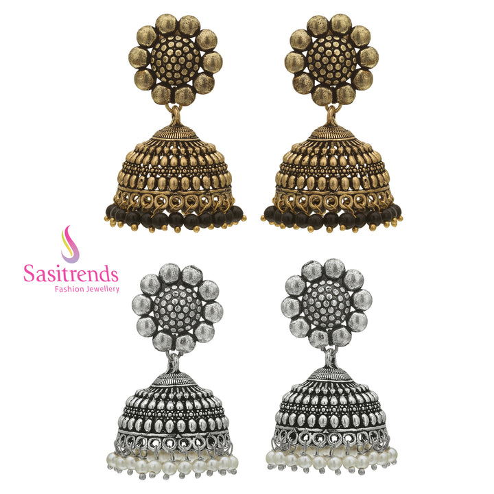 Elegant Oxidised Silver Jhumkas with Pearl Beading and Antique Gold Jhumkas with Black Beads Set