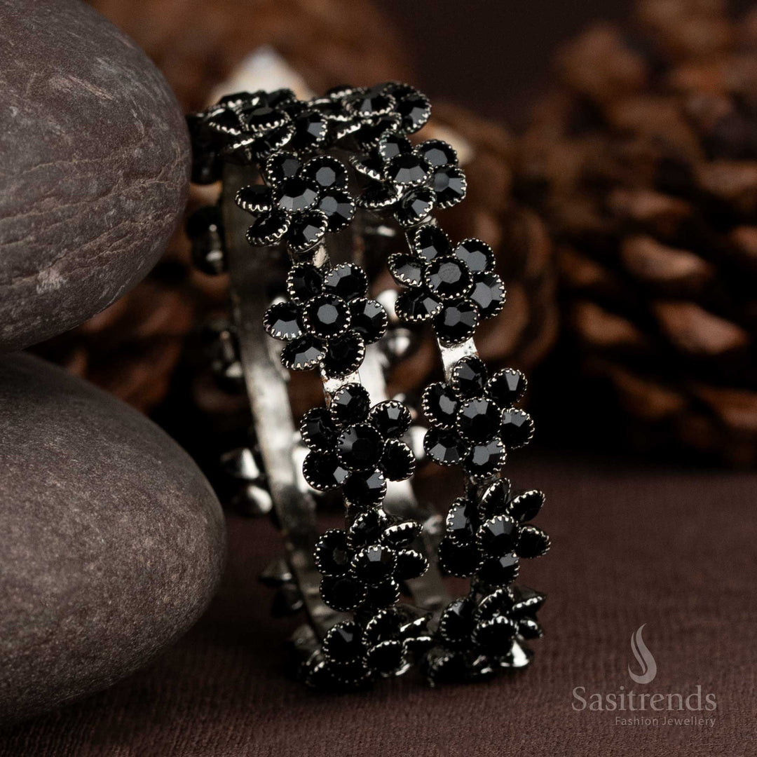 Black oxidised metal flower design bangles featuring a vintage finish, perfect for ethnic jewellery lovers seeking timeless charm with a bold statement – Sasitrends