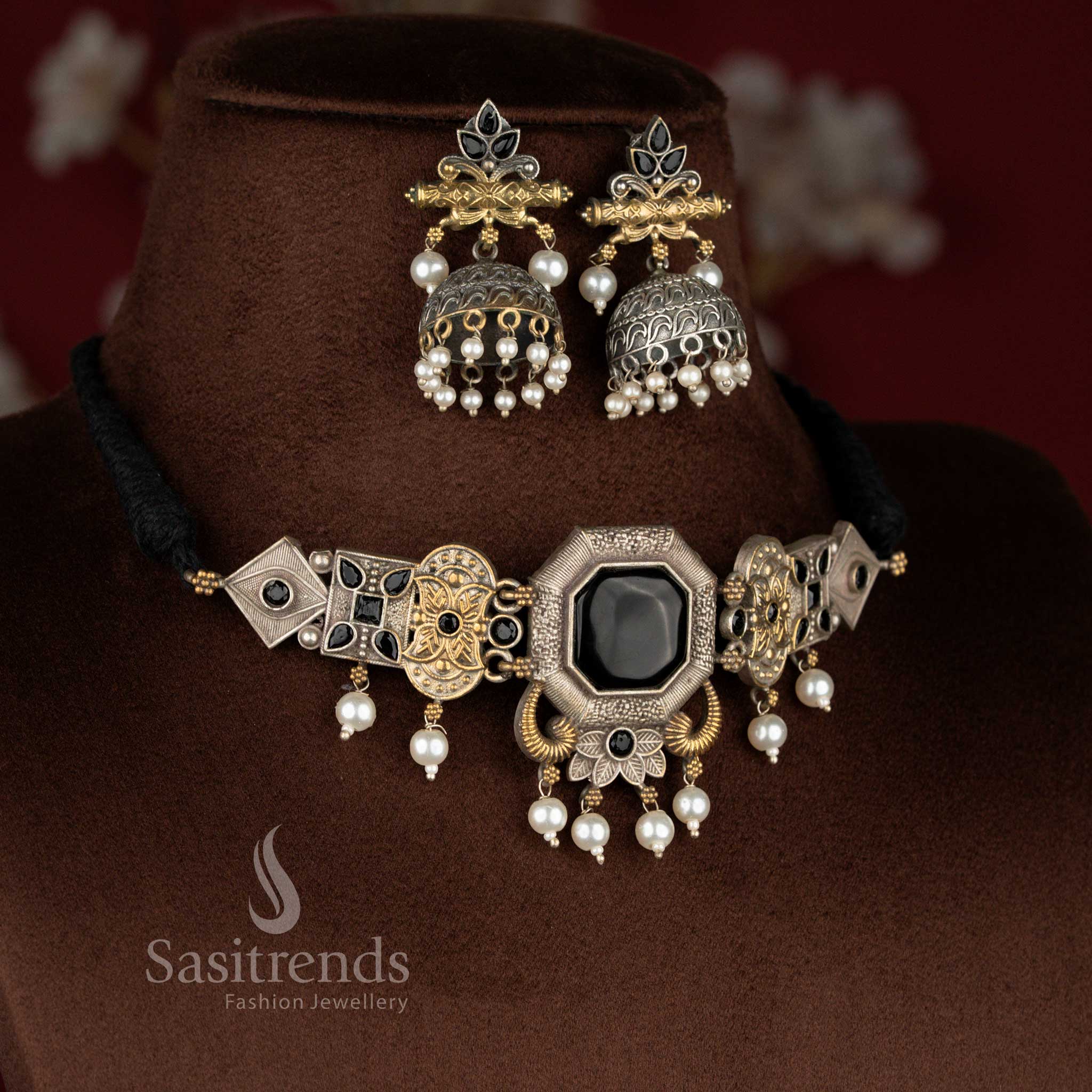 Vibrant black oxidised mandala floral pearl choker necklace set with coordinated earrings – Sasitrends