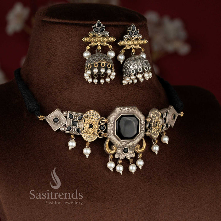 Vibrant black oxidised mandala floral pearl choker necklace set with coordinated earrings – Sasitrends