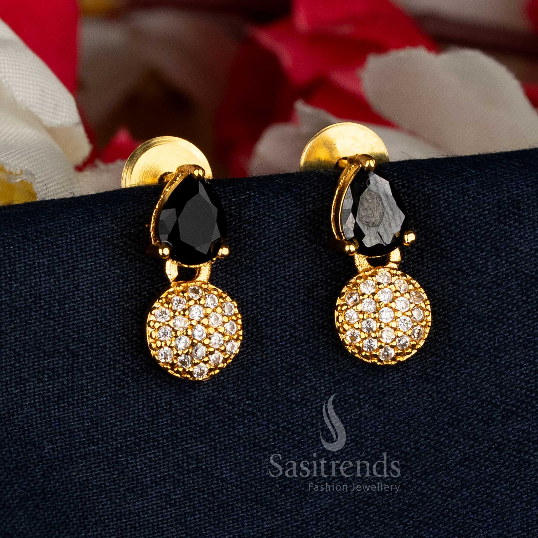 Elegant black teardrop and round cluster American diamond gold plated earrings offering contemporary grace for modern festive occasions – Sasitrends