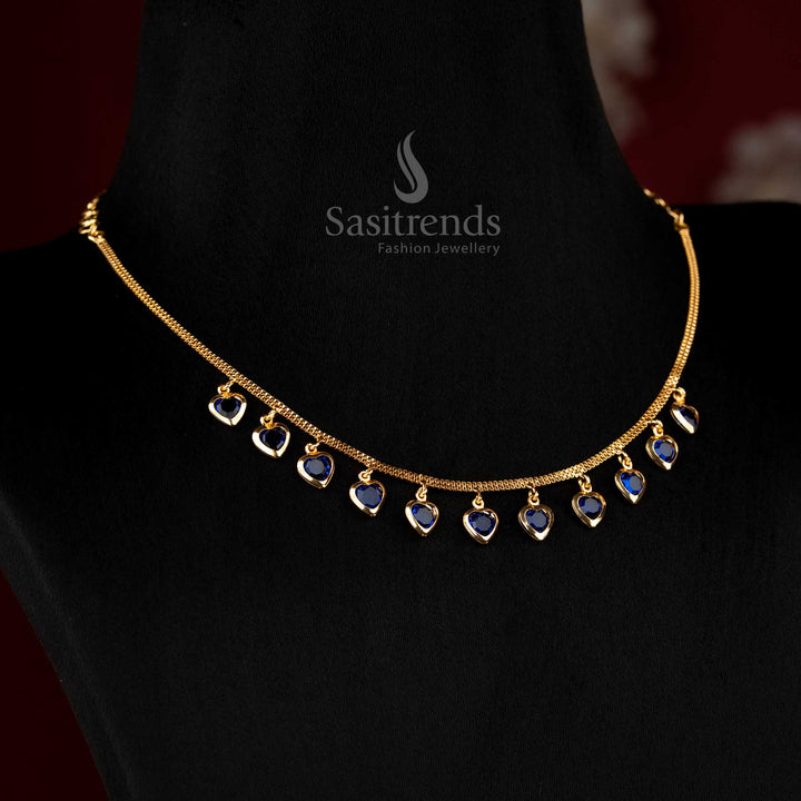 Trendy blue big heart AD designer necklace with gold plated shine, ideal for celebrations - Sasitrends