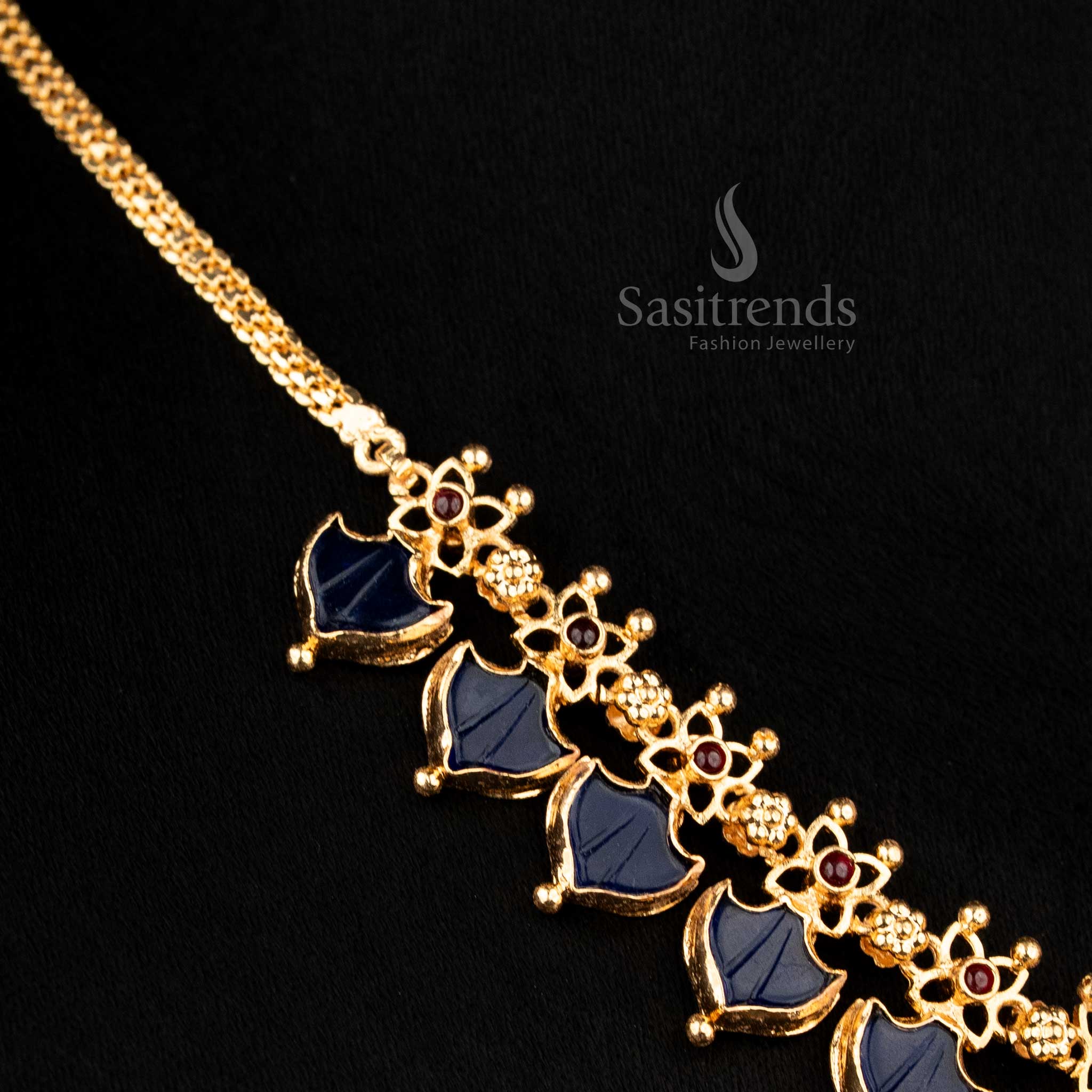 Classic blue micro gold plated AD Kerala Lakshmi necklace, beautiful jewellery for temple and saree occasions - Sasitrends