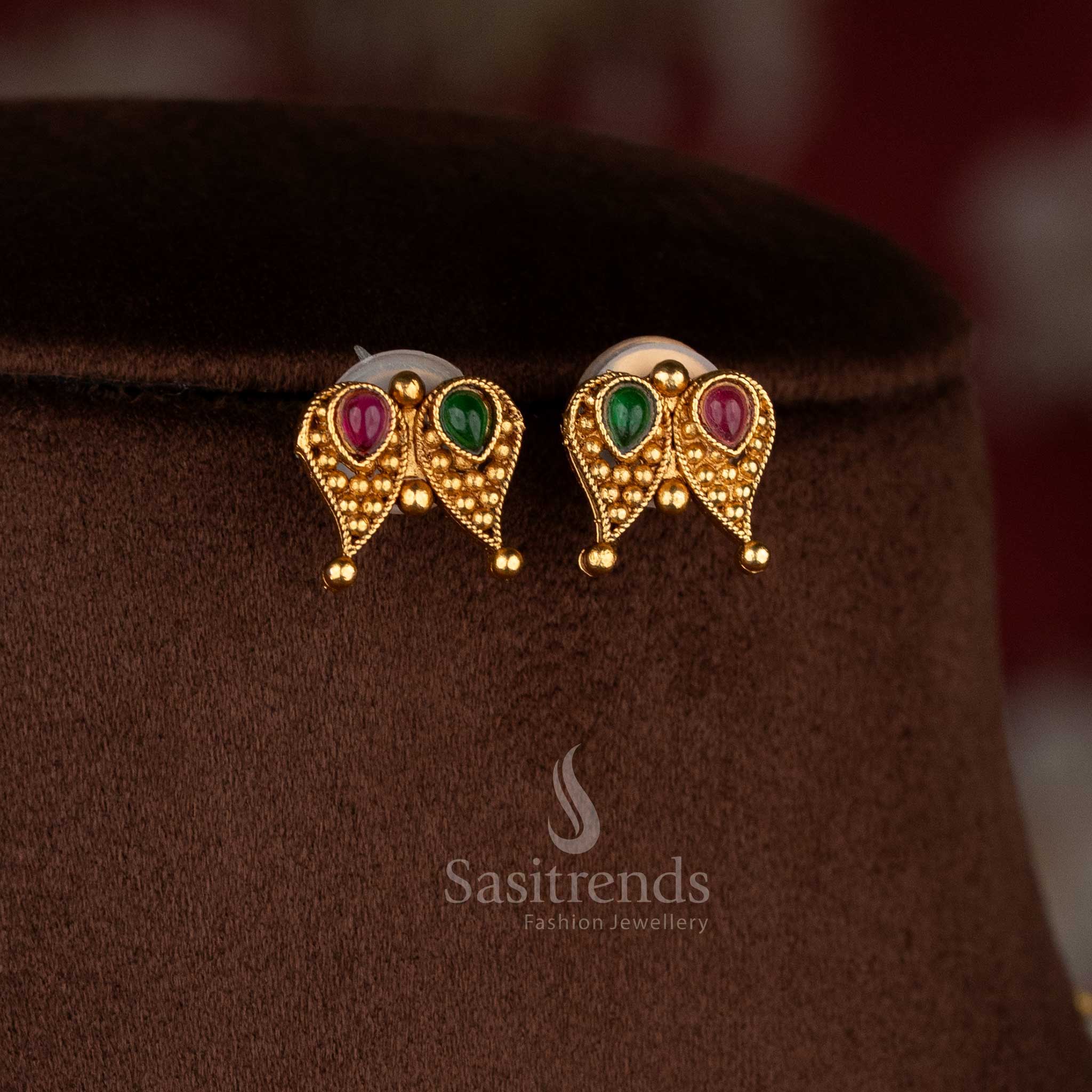 Charming classic matte gold plated ruby-green drop stone earrings for elegant evening wear – Sasitrends