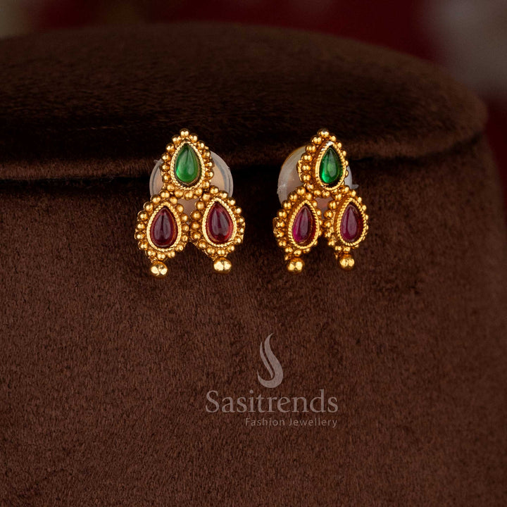 Radiant classic matte gold plated ruby-green stud drop earrings for party styling – Sasitrends