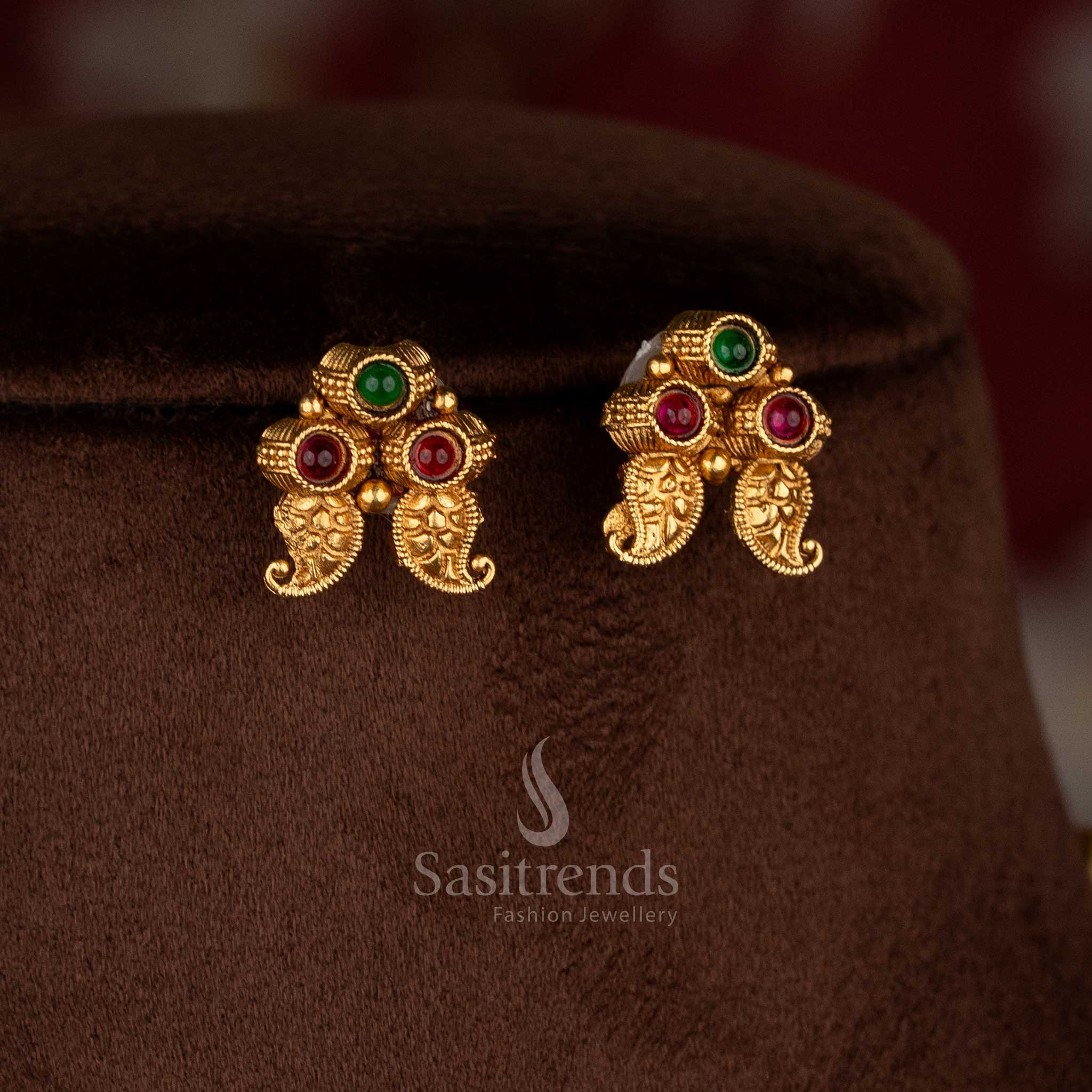 Charming classic matte gold plated ruby-green drop stone earrings for stylish evening wear – Sasitrends
