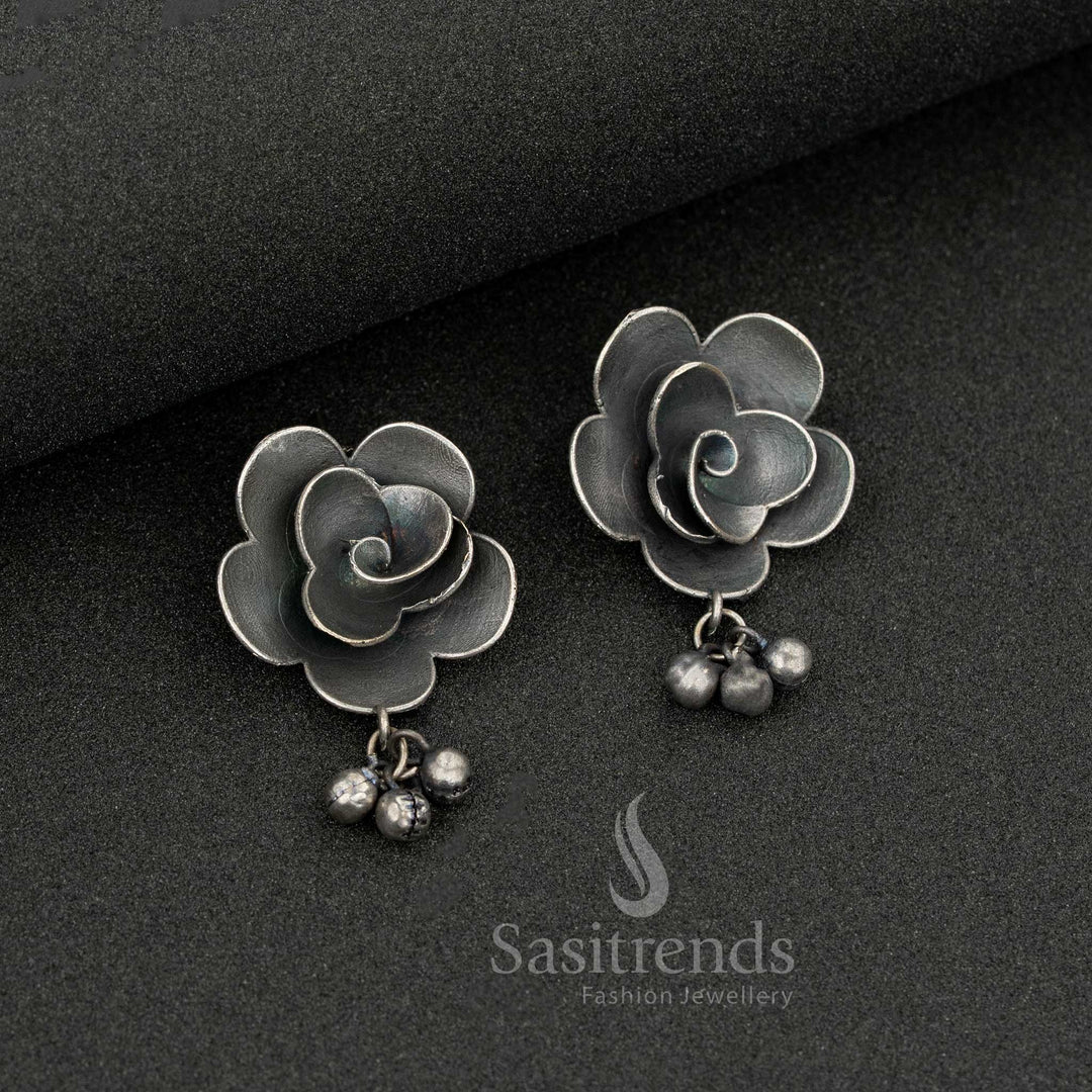 Charming oxidised silver rose stud earrings with hanging ghungroos – a fusion-friendly choice for casual days and college wear – Sasitrends