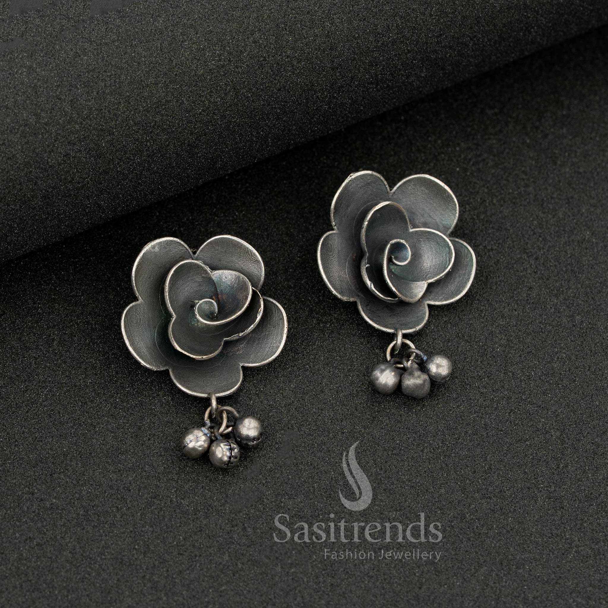 Charming oxidised silver rose stud earrings with hanging ghungroos – a fusion-friendly choice for casual days and college wear – Sasitrends