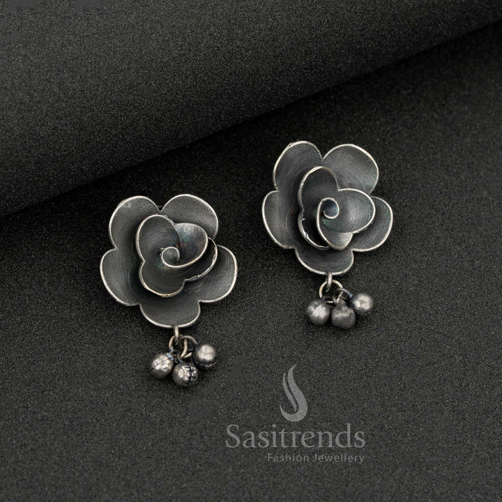 Oxidised Silver Rose Stud Earrings with Hanging Ghungroos for Casual and College Wear Fusion Style - Sasitrends