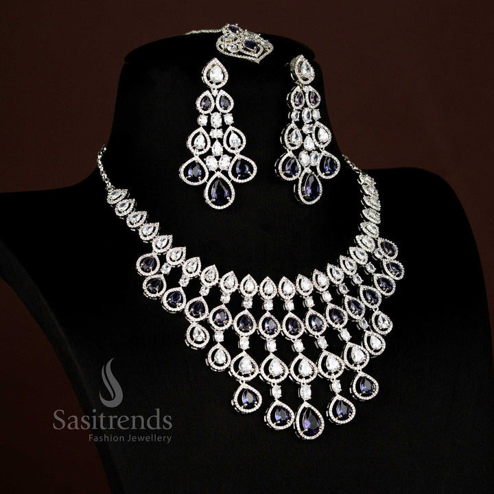 Exquisite American Diamond Rhodium Plated Bridal Jewellery Set With Dark Blue Stones Crafted For Wedding Wear By Sasitrends