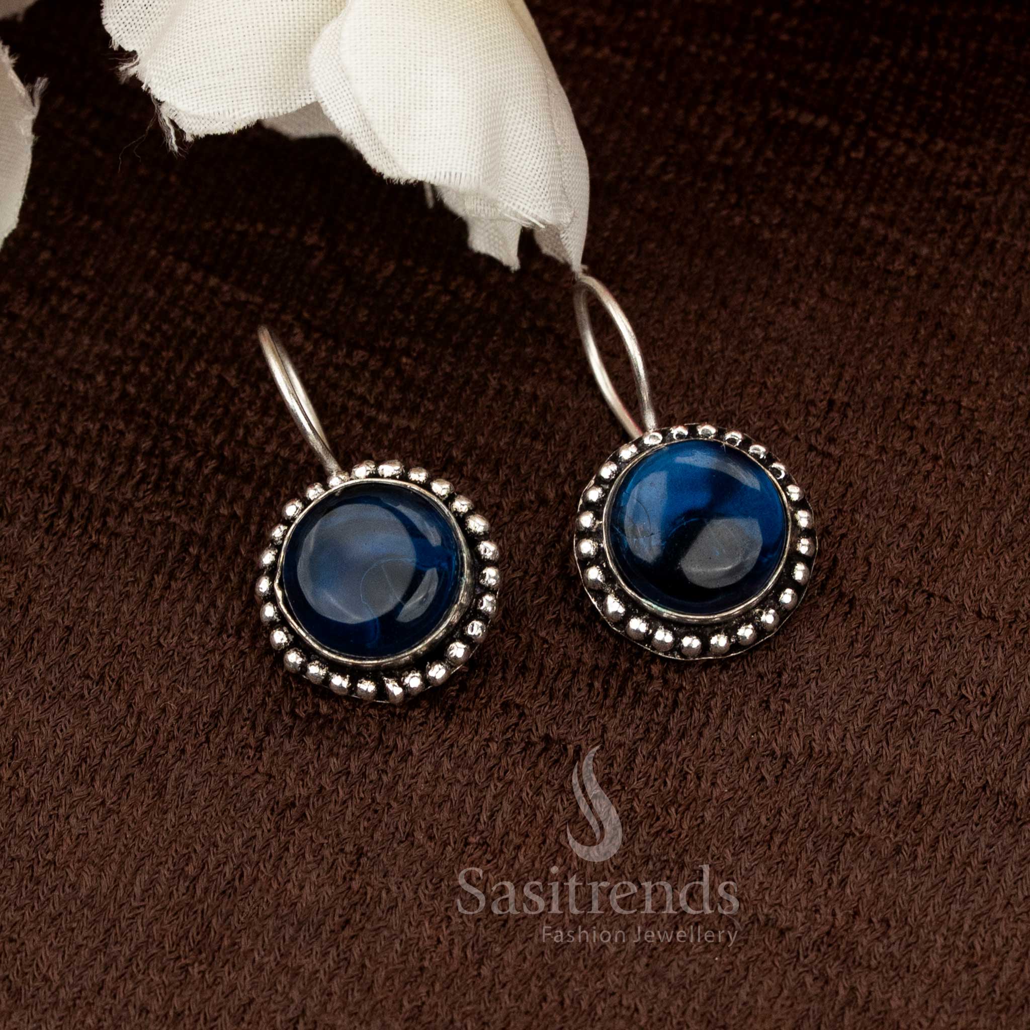 Oxidised Round Dark Blue Stone Fish Hook Dangle Earrings designed for modern women with traditional charm — Sasitrends graceful daily wear jewellery