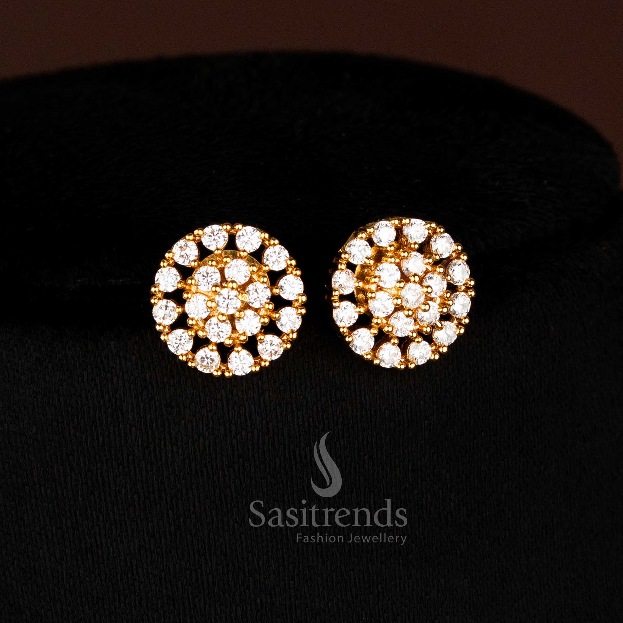 Ornate divine premium temple matte gold plated Lakshmi coin stud earrings adorned with white AD stones for traditional celebration - Sasitrends
