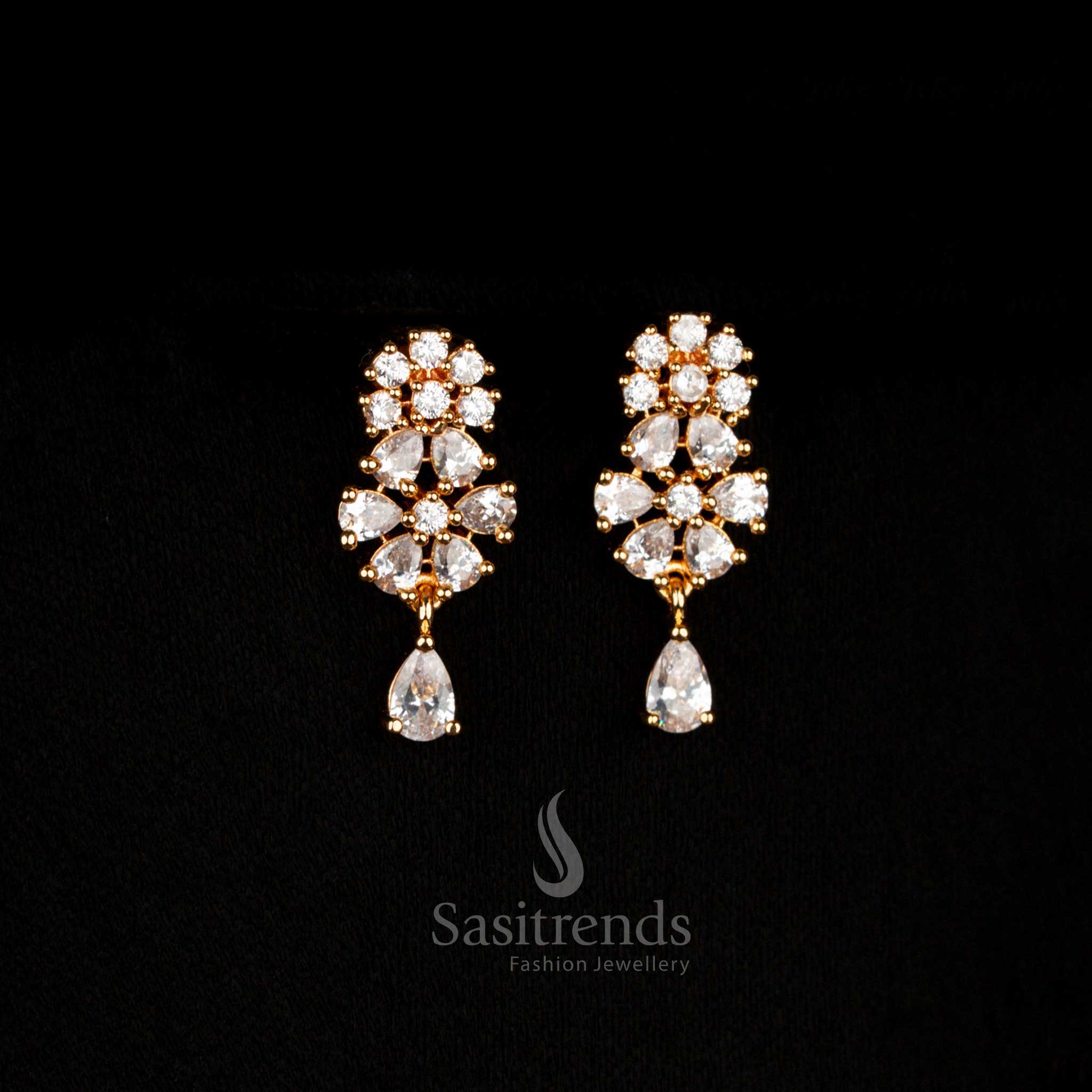 Opulent style micro gold plated white American Diamond earrings featuring intricate floral design with a long drop finish, ideal for a radiant bride – Sasitrends