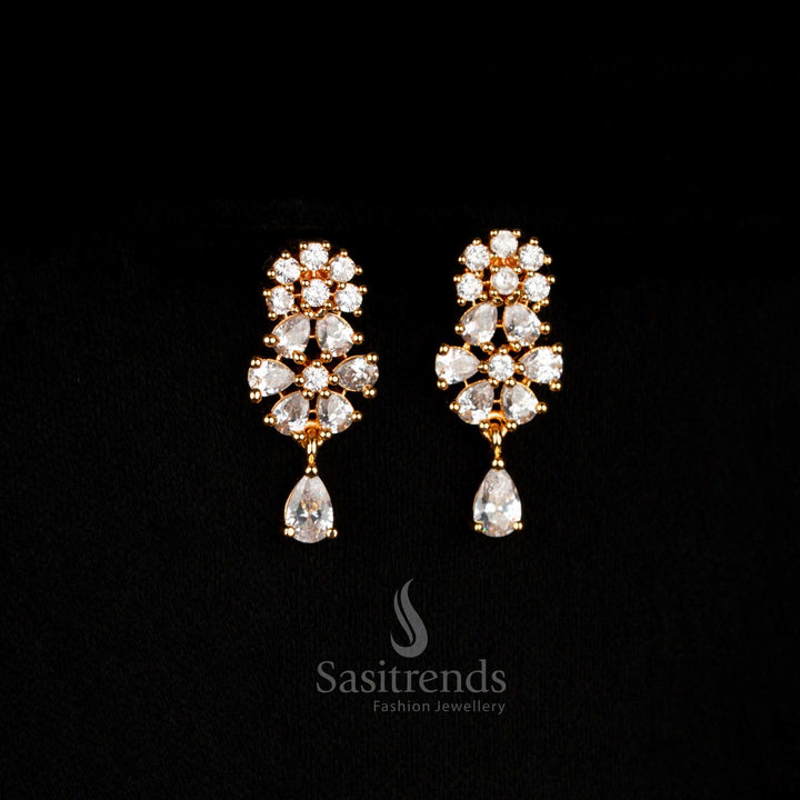 Opulent style micro gold plated white American Diamond earrings featuring intricate floral design with a long drop finish, ideal for a radiant bride – Sasitrends