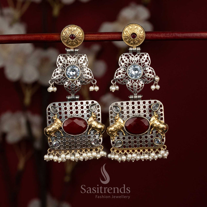 Refined heritage oxidised silver ruby white floral mandala Nandi bull panel earrings with oval Monalisa stone pearl drops for cultural - jewellery - Sasitrends
