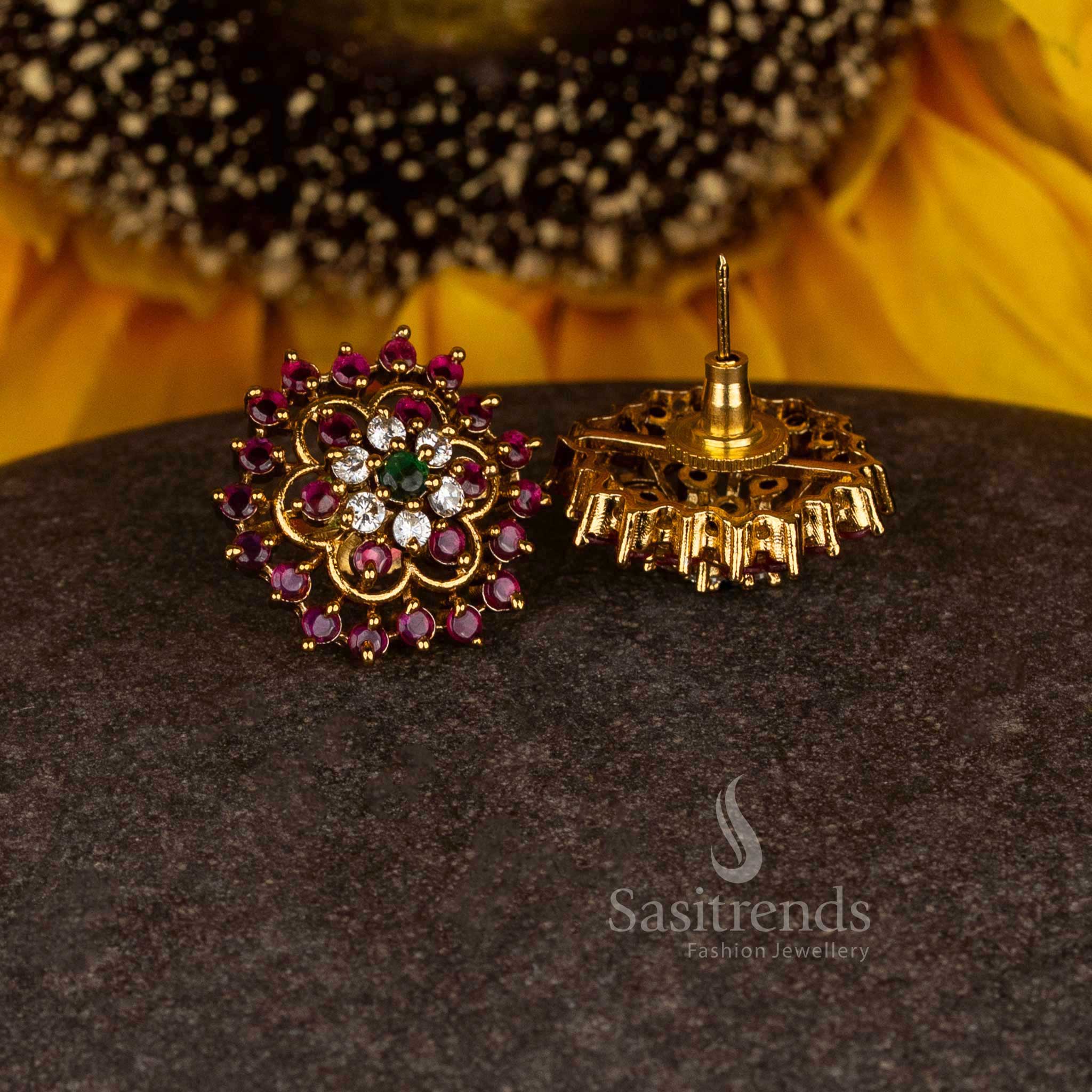 Majestic ethereal bloom matte gold plated temple circular floral stud earrings with multi-stone accents for opulent celebrations - Sasitrends