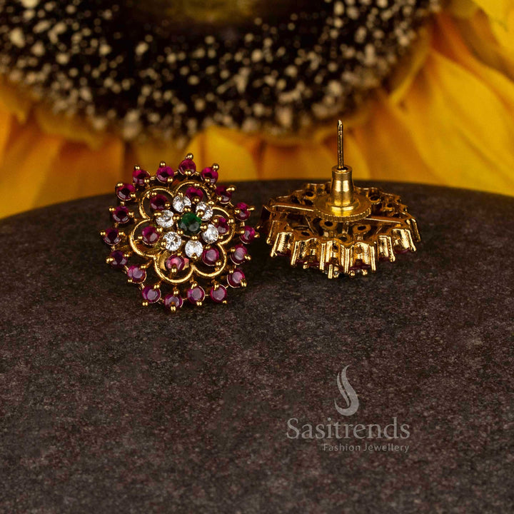 Majestic ethereal bloom matte gold plated temple circular floral stud earrings with multi-stone accents for opulent celebrations - Sasitrends