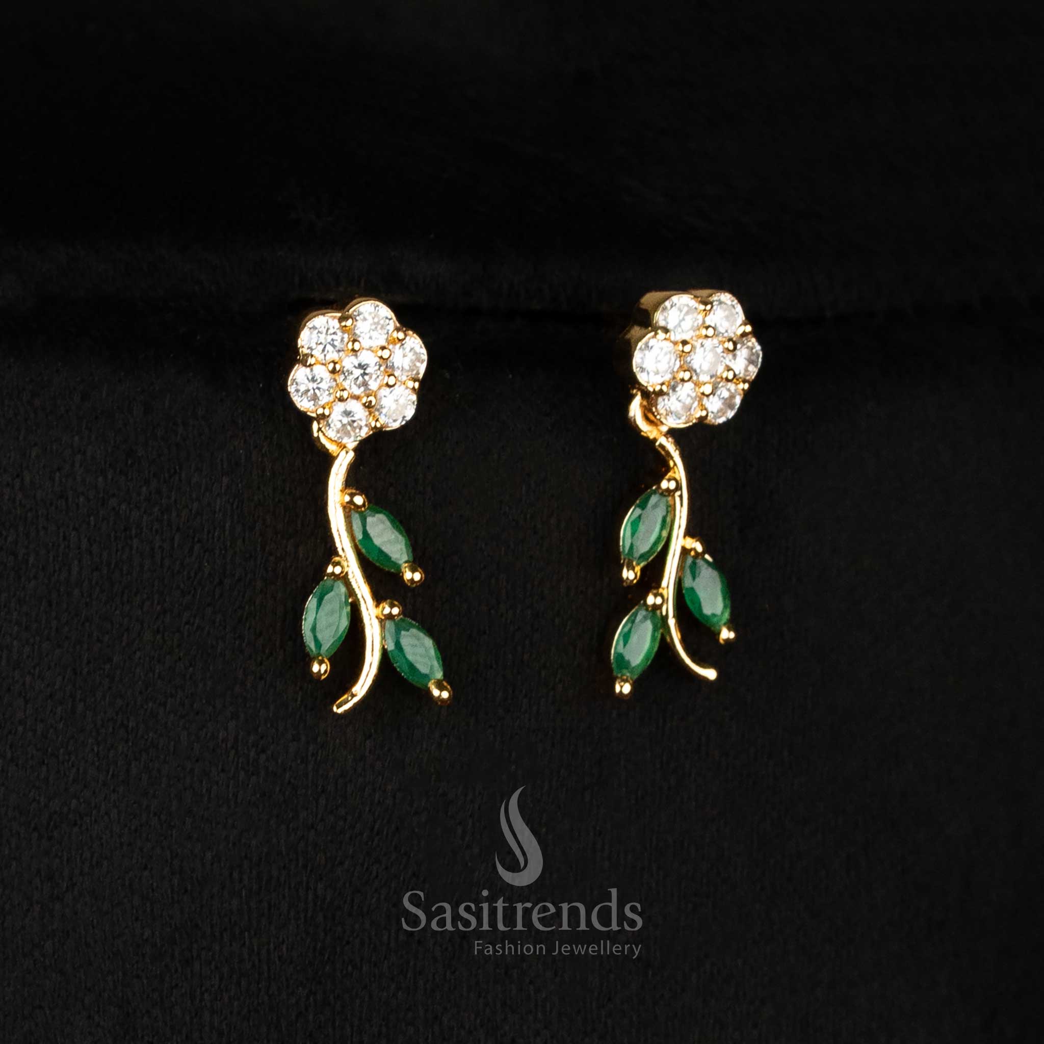 Spectacular White Green Stone American Diamond Micro Gold Plated Floral Leaf Earrings Set With Festive Finish - Sasitrends

