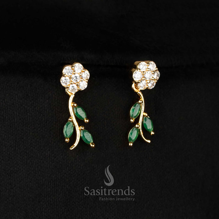 Spectacular White Green Stone American Diamond Micro Gold Plated Floral Leaf Earrings Set With Festive Finish - Sasitrends

