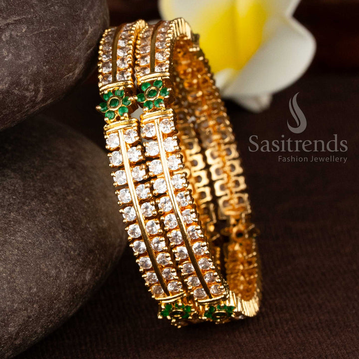 Heritage style micro gold plated white green AD floral twin line bangles with assured finish jewellery - Sasitrends