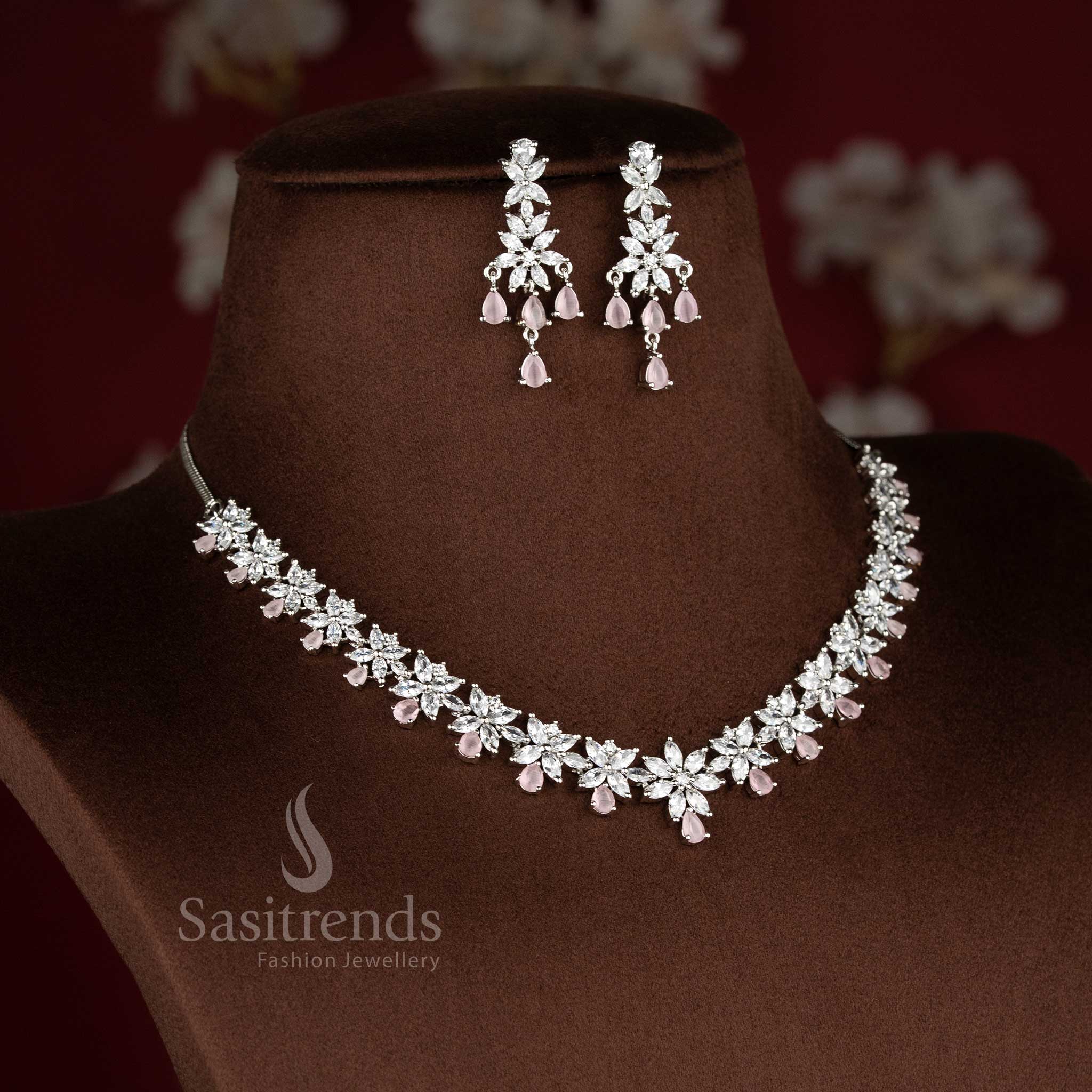 Glamour Petals rhodium silver plated pink American Diamond blush flora necklace set with matching earrings for party and celebration-ready outfits – Sasitrends