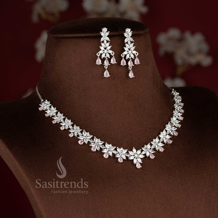 Glamour Petals rhodium silver plated pink American Diamond blush flora necklace set with matching earrings for party and celebration-ready outfits – Sasitrends