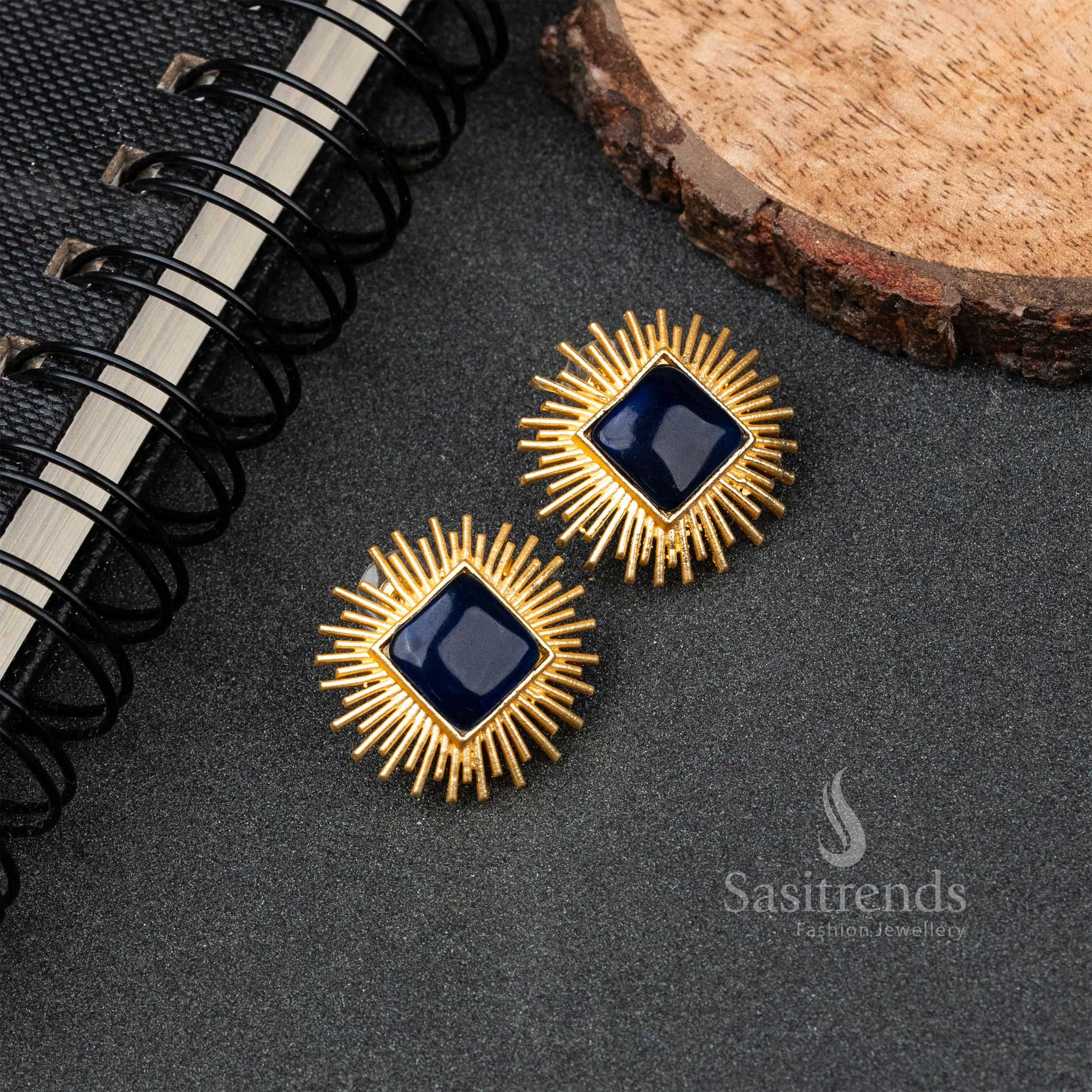 Elegant Gold Plated Blue Rectangle Monalisa Stone Push Back Earrings 