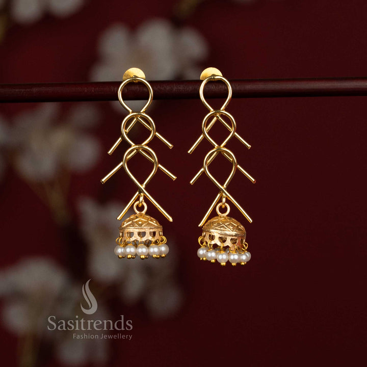 Trendy Gold Plated Jhumka Earrings for Girls with Geometric Drop Design & Pearl Bead Dome | Premium Fashion Jewellery for Party & Festive Wear