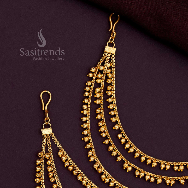 Luxurious Three Layer Gold Plated Matil Featuring Polished Golden Beads And Fine Craftsmanship Perfect For Enhancing Bridal Sarees And Lehenga Looks - Sasitrends