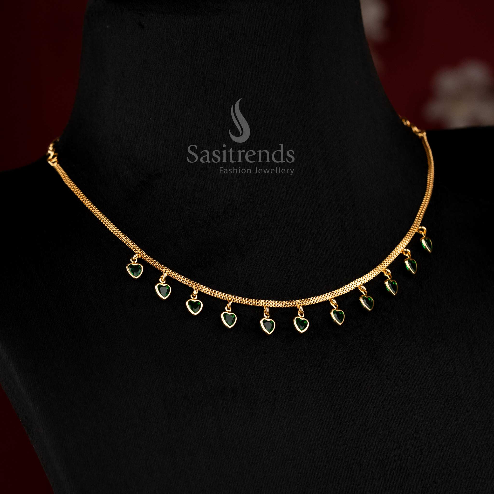 Charming green heart AD micro gold necklace for girls, perfect jewellery for ethnic wear - Sasitrends