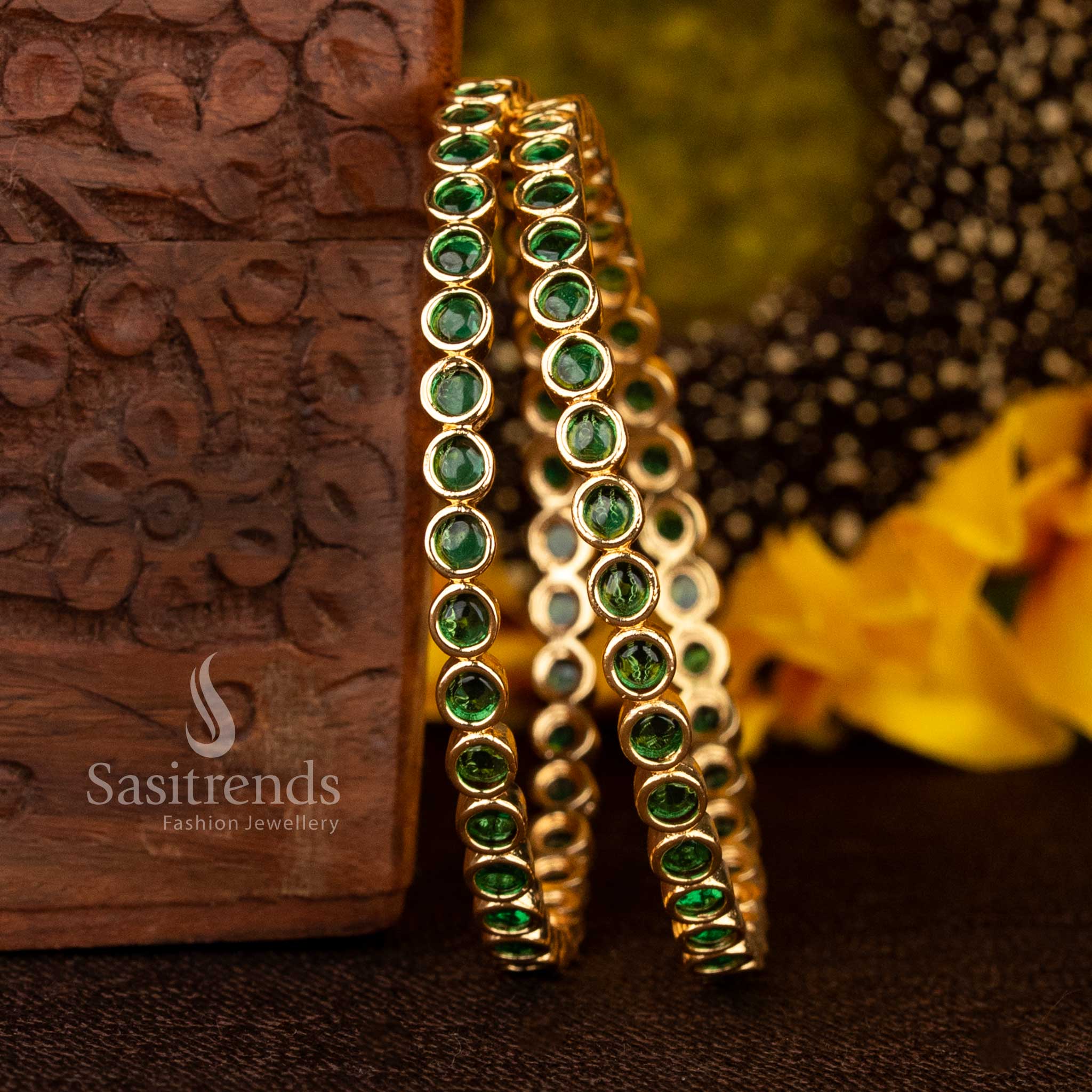 Royal green kemp micro gold-plated bangles pair featuring American diamond stones, perfect for festive occasions, ethnic wear, and bridal jewellery matching - Sasitrends