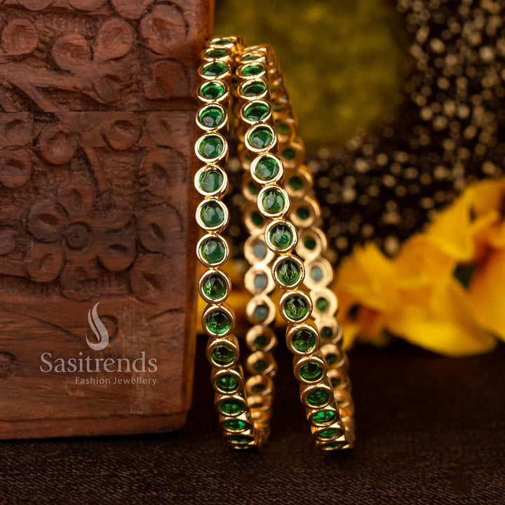 Royal green kemp micro gold-plated bangles pair featuring American diamond stones, perfect for festive occasions, ethnic wear, and bridal jewellery matching - Sasitrends