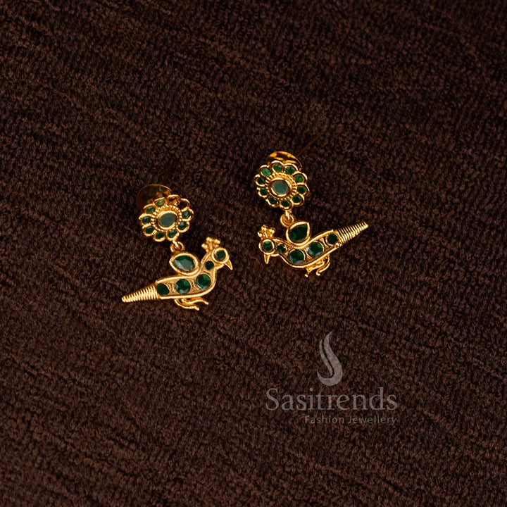 Temple Matte Gold Tone Lotus Pendant Attigai Earrings in Green with Peacock Motif and Painted Kemp Stones – Sasitrends