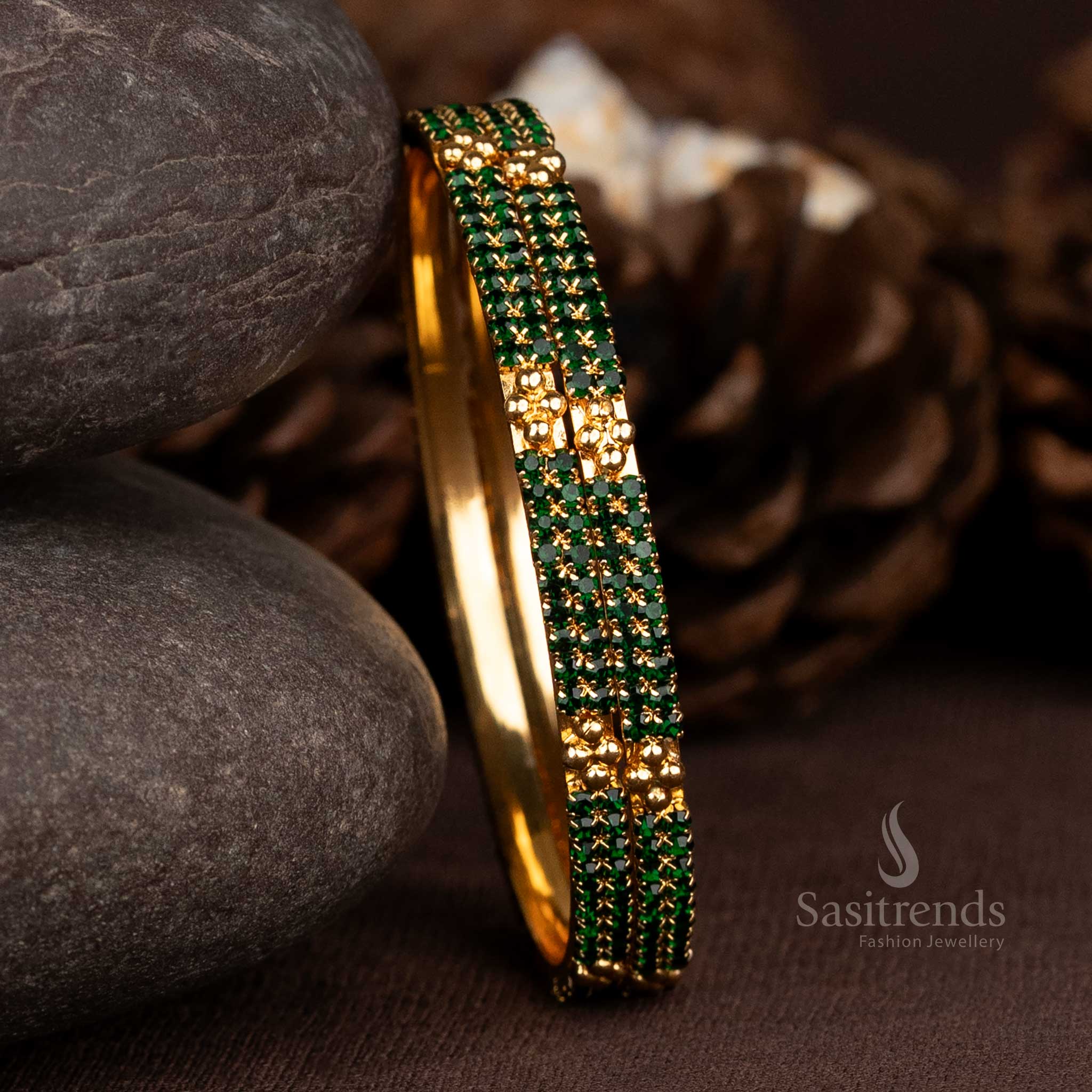 Gorgeous micro gold plated green para stones bangles designed with a sparkling finish, offering timeless charm for festive and traditional jewellery occasions – Sasitrends