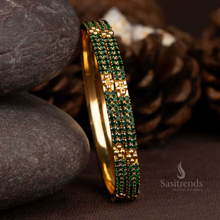 Gorgeous micro gold plated green para stones bangles designed with a sparkling finish, offering timeless charm for festive and traditional jewellery occasions – Sasitrends