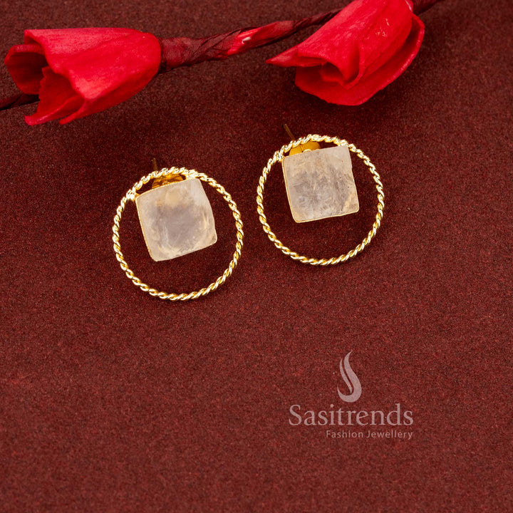 Gracefully rounded natural grey-white stone stud earrings framed in twisted gold rope detailing perfect for smart casual office and campus outfits - Sasitrends