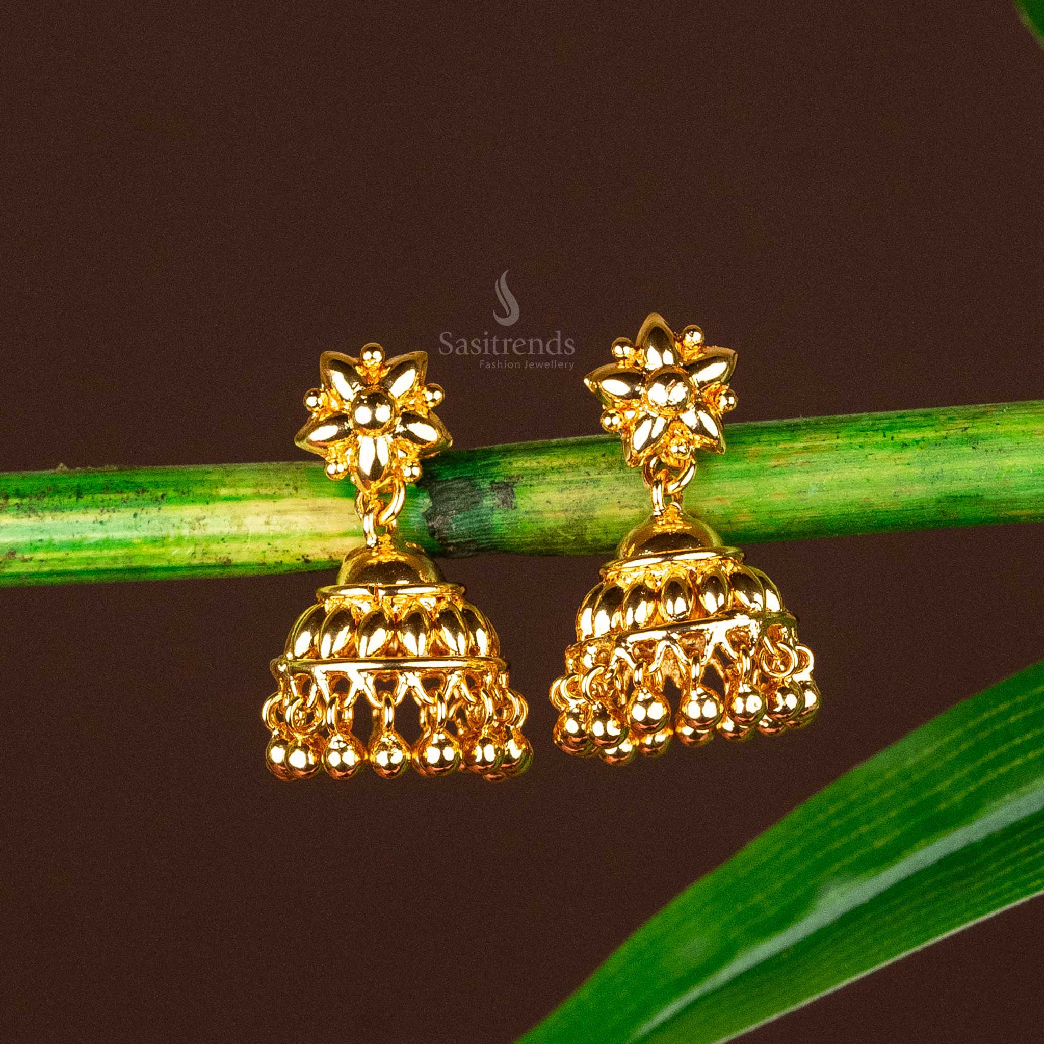 Classic Guaranteed Micro Gold Plated Jhumka Earrings With Floral Motif And Hanging Bead Details Suitable For Sarees And Ethnic Wear - Sasitrends

